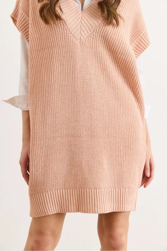 Kadın Pudra V Yaka Triko Tunik Elbise ELB-19002343-Pudra - 4