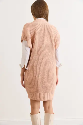 Kadın Pudra V Yaka Triko Tunik Elbise ELB-19002343-Pudra - 5