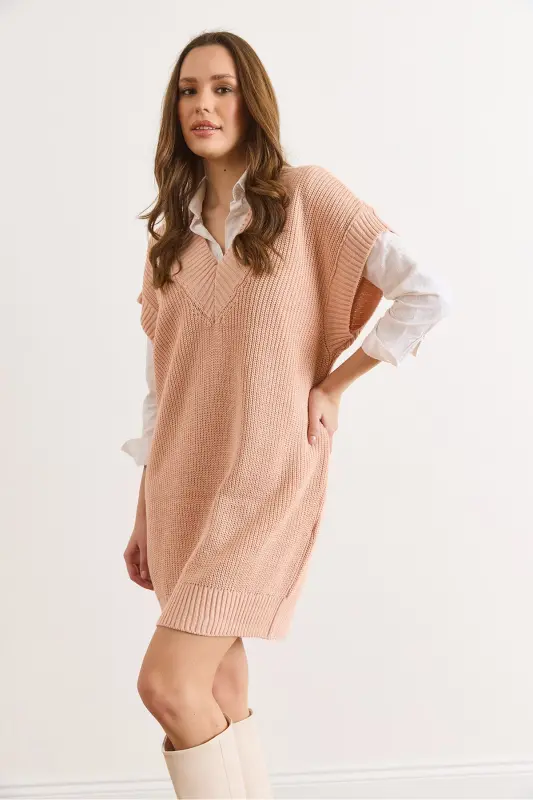 Kadın Pudra V Yaka Triko Tunik Elbise ELB-19002343-Pudra - 6