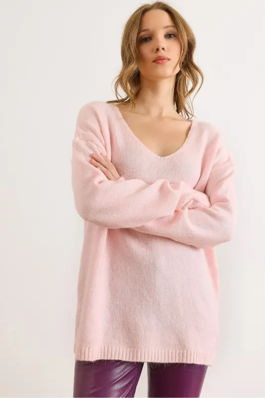 Kadın Pudra V Yaka Yumuşak Dokulu Triko Kazak KZK-19000598-Pudra - OLALOOK