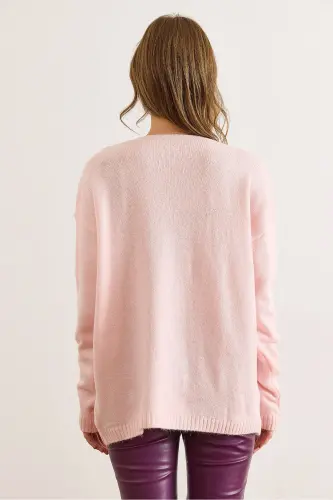 Kadın Pudra V Yaka Yumuşak Dokulu Triko Kazak KZK-19000598-Pudra - OLALOOK (1)