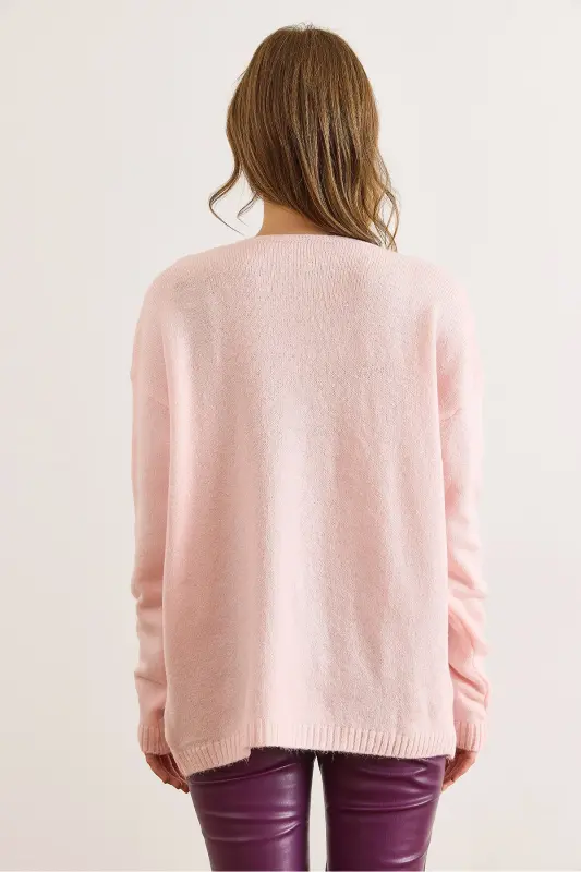 Kadın Pudra V Yaka Yumuşak Dokulu Triko Kazak KZK-19000598-Pudra - 2