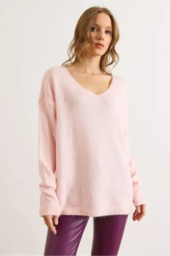 Kadın Pudra V Yaka Yumuşak Dokulu Triko Kazak KZK-19000598-Pudra - 5