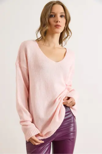 Kadın Pudra V Yaka Yumuşak Dokulu Triko Kazak KZK-19000598-Pudra - 3