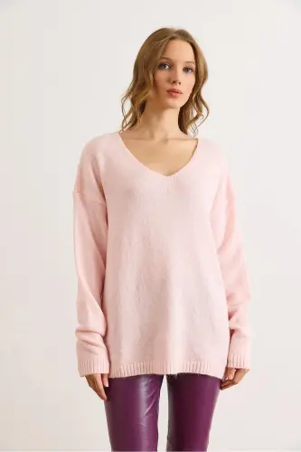 Kadın Pudra V Yaka Yumuşak Dokulu Triko Kazak KZK-19000598-Pudra - 4