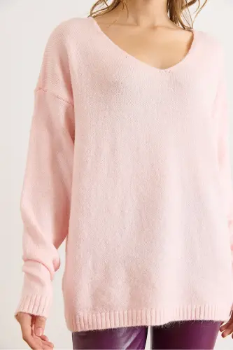 Kadın Pudra V Yaka Yumuşak Dokulu Triko Kazak KZK-19000598-Pudra - 6