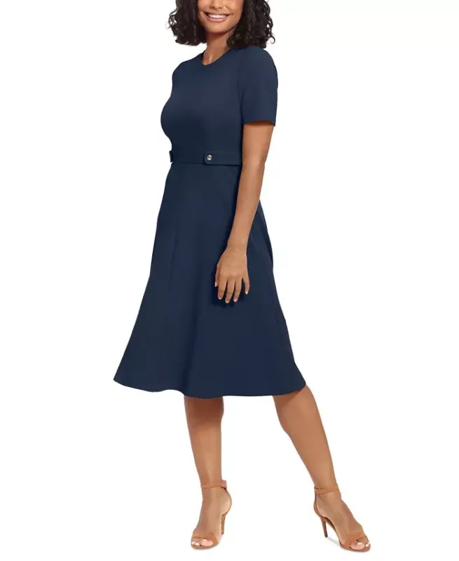 Women's Puff-Sleeve Tab-Detail Fit & Flare Dress - Navy Blazer - LONDON TIMES