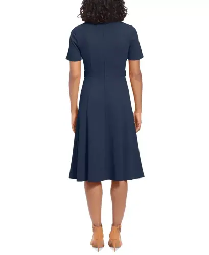Women's Puff-Sleeve Tab-Detail Fit & Flare Dress - Navy Blazer - 3