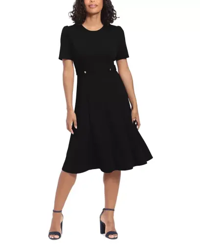 Women's Puff-Sleeve Tab-Detail Fit & Flare Dress - Black - 1