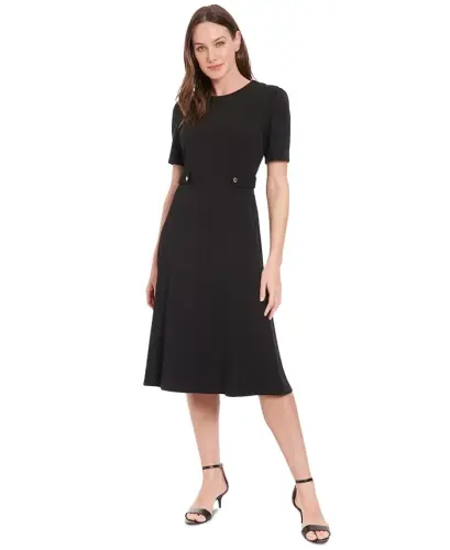 Women's Puff-Sleeve Tab-Detail Fit & Flare Dress - Black - 3