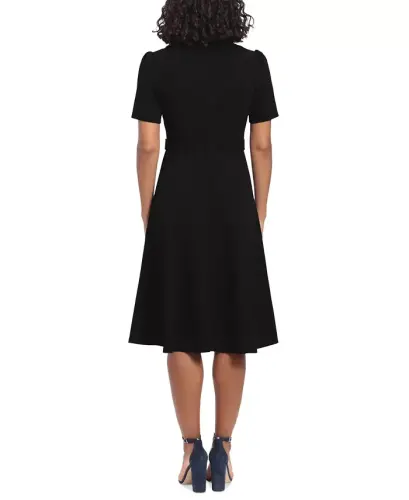 Women's Puff-Sleeve Tab-Detail Fit & Flare Dress - Black - 4