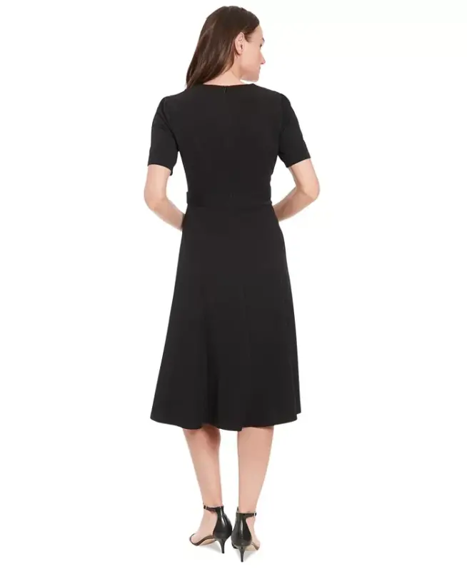 Women's Puff-Sleeve Tab-Detail Fit & Flare Dress - Black - 5