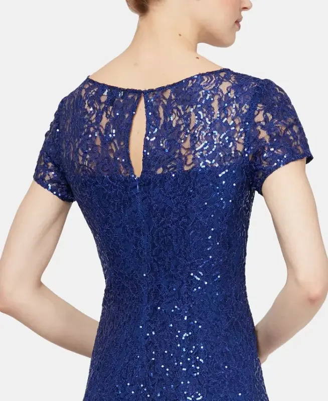 Women's Sequined Lace Midi Dresses - Iris Blue - 3