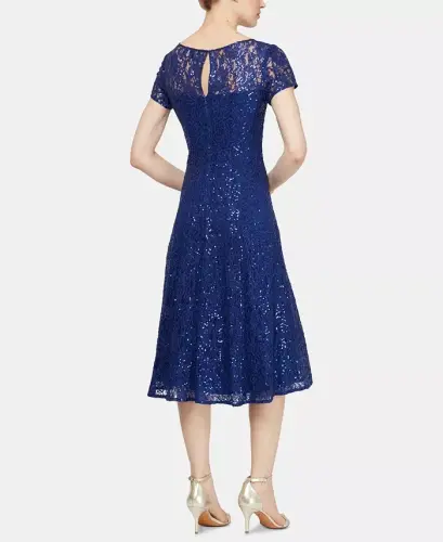 Women's Sequined Lace Midi Dresses - Iris Blue - 4