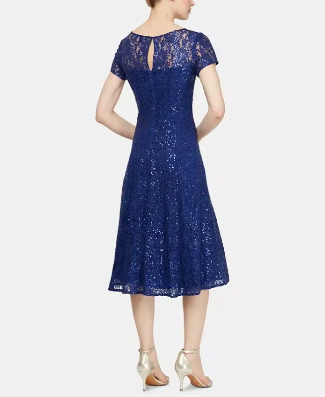 Women's Sequined Lace Midi Dresses - Iris Blue - 4