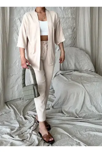 Kadın Rahat Kesim Kimono Alt Pantalon Uzun Yazlık Takım-bej - 1