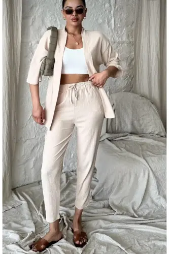 Kadın Rahat Kesim Kimono Alt Pantalon Uzun Yazlık Takım-bej - 3
