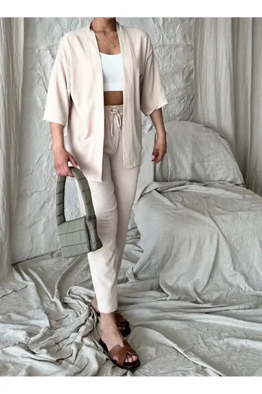 Kadın Rahat Kesim Kimono Alt Pantalon Uzun Yazlık Takım-bej - MODERNİZE