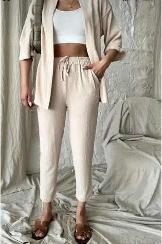 Kadın Rahat Kesim Kimono Alt Pantalon Uzun Yazlık Takım-bej - MODERNİZE (1)