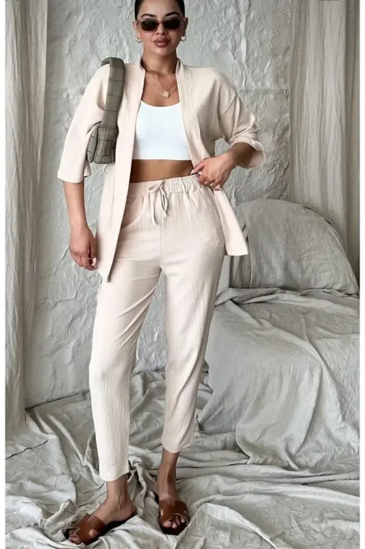 Kadın Rahat Kesim Kimono Alt Pantalon Uzun Yazlık Takım-bej - 3