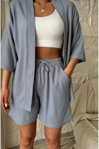 Kadın Rahat Kesim Kimono Alt Üst Şortlu Yazlık Takım-mavi - 1