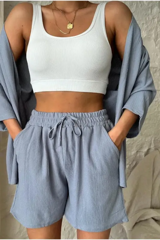 Kadın Rahat Kesim Kimono Alt Üst Şortlu Yazlık Takım-mavi - 2