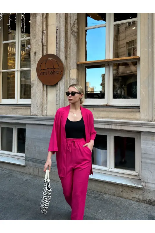 Kadın Raht Kesim Kimono Alt Üst Takım-pembe - 3