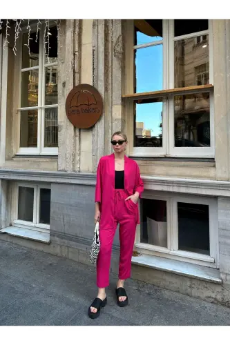 Kadın Raht Kesim Kimono Alt Üst Takım-pembe - 4