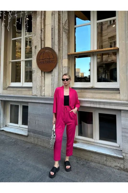 Kadın Raht Kesim Kimono Alt Üst Takım-pembe - 4