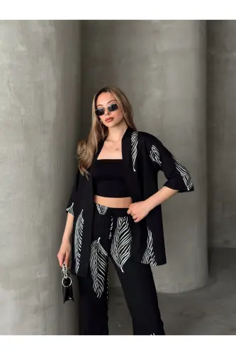 Kadın Rahat Kesim Kimono Alt Üst Takım-Siyah 