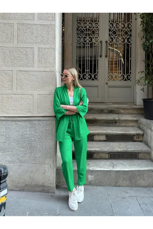 Kadın Raht Kesim Kimono Alt Üst Takım-yeşil - 3