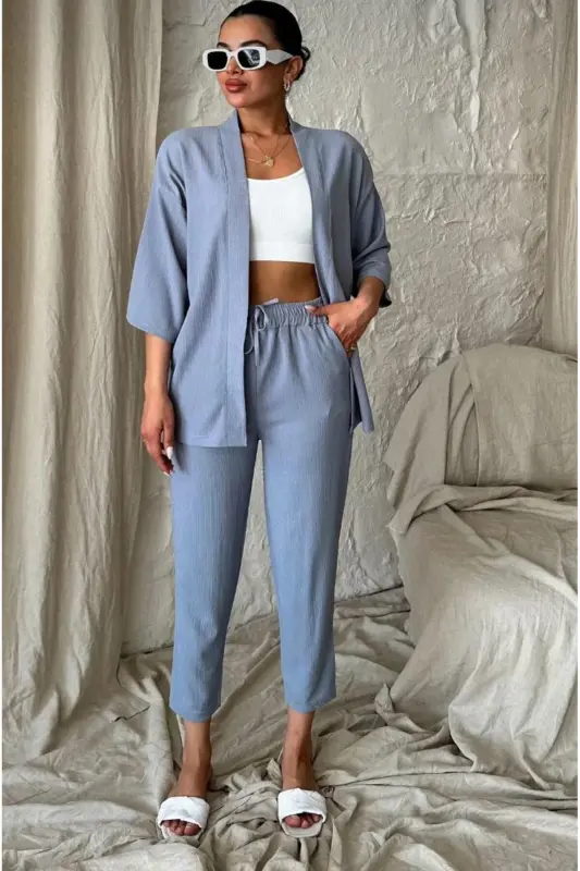 Kadın Rahat Kesim Kimono Alt Uzun Üst Yazlık Takım-mavi - 2