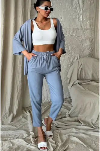 Kadın Rahat Kesim Kimono Alt Uzun Üst Yazlık Takım-mavi 