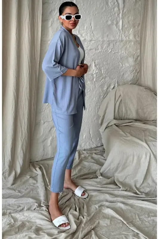 Kadın Rahat Kesim Kimono Alt Uzun Üst Yazlık Takım-mavi - 3