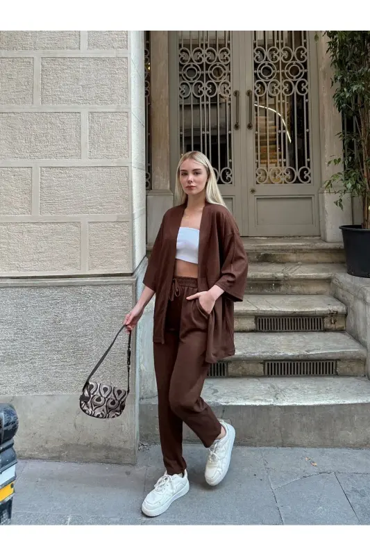 Kadın Raht Kesim Kimono Alt Üst Takım-kahverengi - 2