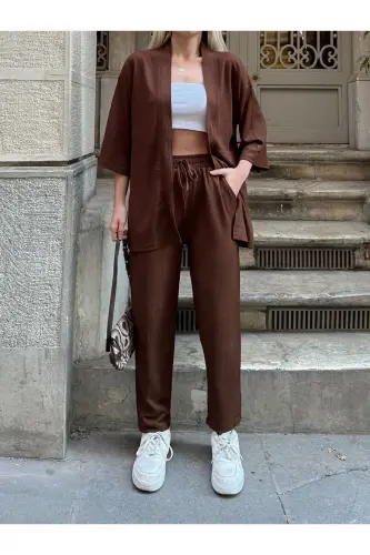 Kadın Raht Kesim Kimono Alt Üst Takım-kahverengi - 4