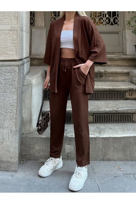 Kadın Raht Kesim Kimono Alt Üst Takım-kahverengi - 5