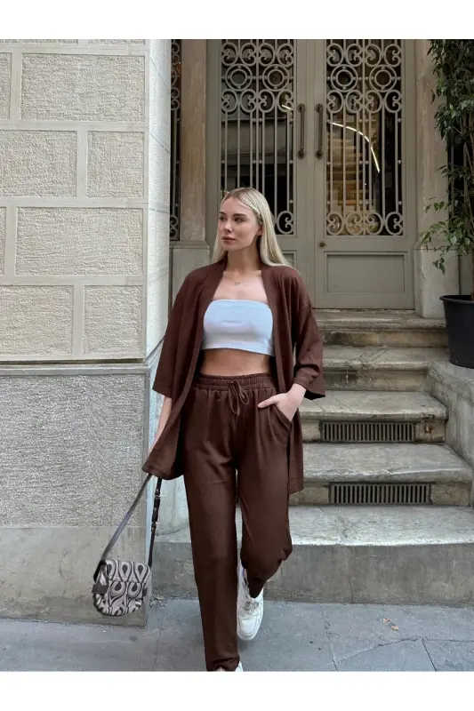 Kadın Raht Kesim Kimono Alt Üst Takım-kahverengi - 6