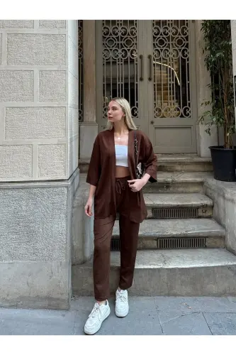 Kadın Raht Kesim Kimono Alt Üst Takım-kahverengi - 7