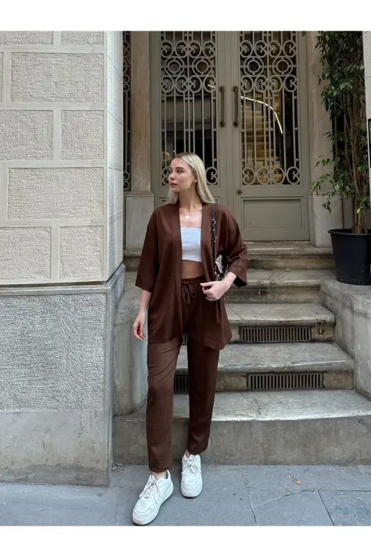 Kadın Raht Kesim Kimono Alt Üst Takım-kahverengi - 7