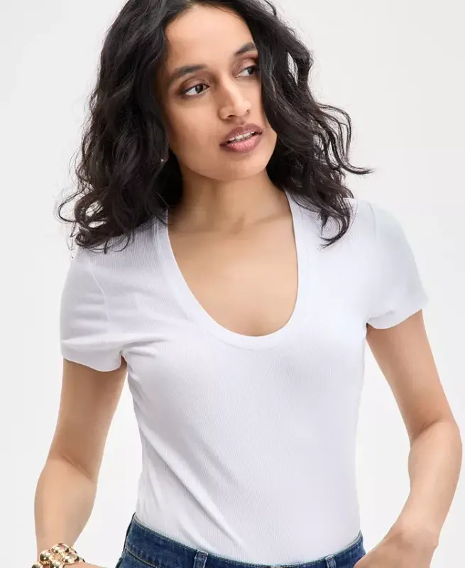 Women's Ribbed Scoop-Neck Top, Exclusively at Modazone - Bright White - 3