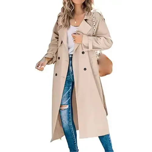 Women's Windproof Trench Coat Notched Lapel Double Breasted Long Overcoat Casual Fall Winter Windbreaker Outerwear 