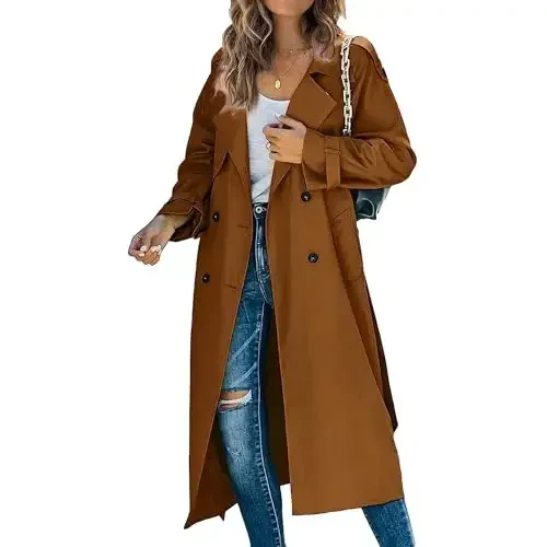 Women's Windproof Trench Coat Notched Lapel Double Breasted Long Overcoat Casual Fall Winter Windbreaker Outerwear - MAIYIFU-GJ