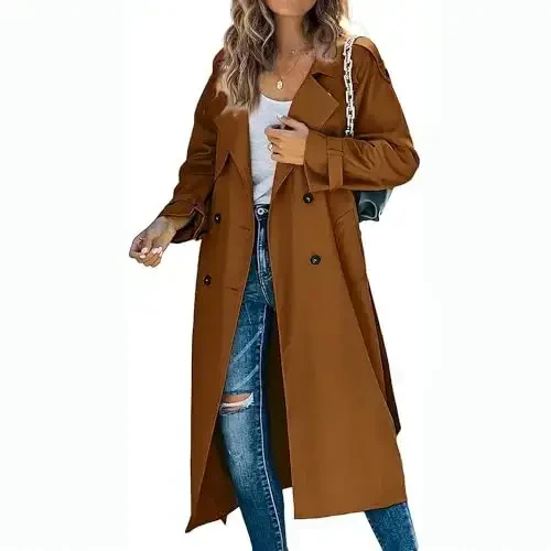 Women's Windproof Trench Coat Notched Lapel Double Breasted Long Overcoat Casual Fall Winter Windbreaker Outerwear - 2