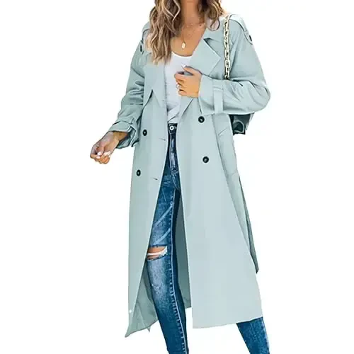 Women's Windproof Trench Coat Notched Lapel Double Breasted Long Overcoat Casual Fall Winter Windbreaker Outerwear - 1