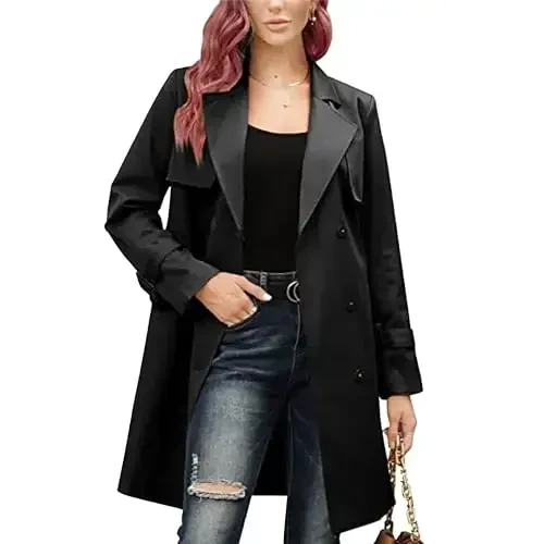 Women's Windproof Trench Coat Notched Lapel Double Breasted Long Overcoat Casual Fall Winter Windbreaker Outerwear 