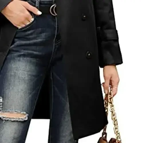 Women's Windproof Trench Coat Notched Lapel Double Breasted Long Overcoat Casual Fall Winter Windbreaker Outerwear - 7
