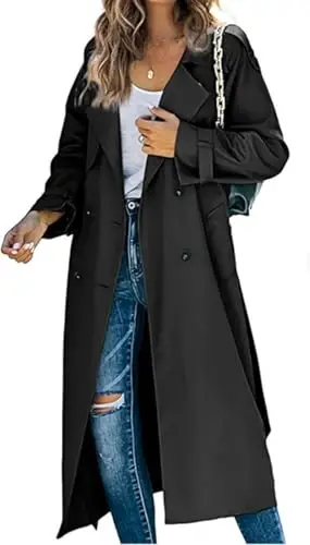 Women's Windproof Trench Coat Notched Lapel Double Breasted Long Overcoat Casual Fall Winter Windbreaker Outerwear - 2