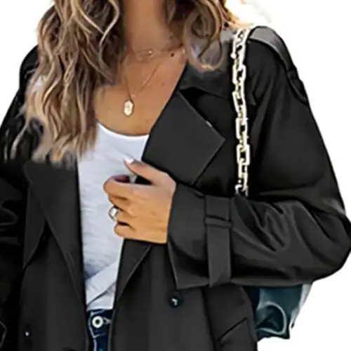 Women's Windproof Trench Coat Notched Lapel Double Breasted Long Overcoat Casual Fall Winter Windbreaker Outerwear - 4