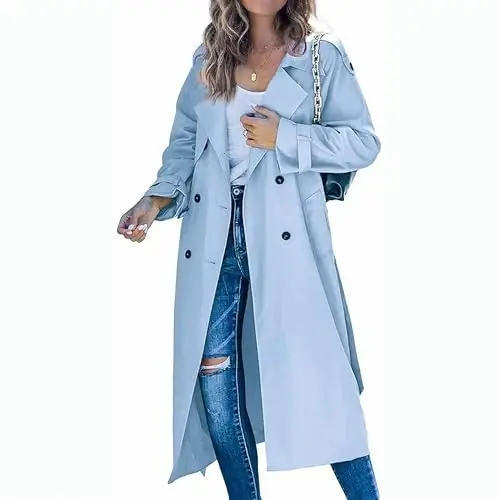 Women's Windproof Trench Coat Notched Lapel Double Breasted Long Overcoat Casual Fall Winter Windbreaker Outerwear - 2